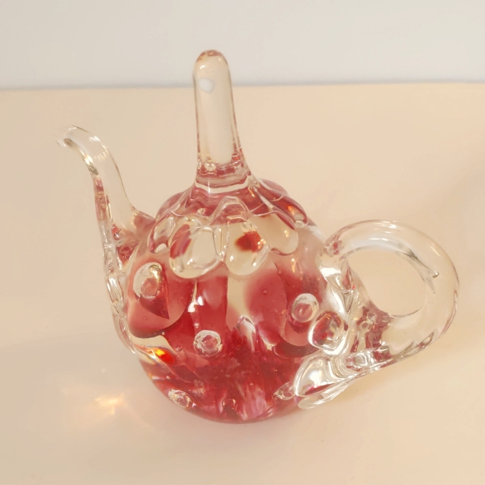 VTG Joe St Clair Blown Art Glass Teapot Controlled Bubbles Flowers Ring Holder